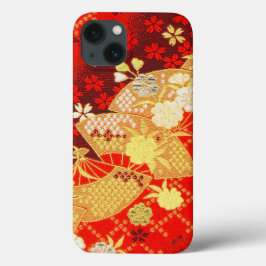 Funda Para iPhone 13 Floral de fans de Kimono Japonés de Oro Rojo Vinta