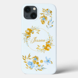 Funda Para iPhone 13 Floral de invierno azul dorado personalizado