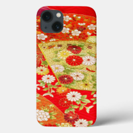 Funda Para iPhone 13 Floral de kimono japonés blanco rojo de oro vintag