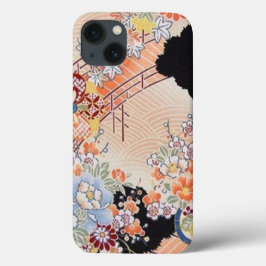 Funda Para iPhone 13 Floral de Kimono Japonés Negro Naranja Rosa Vintag