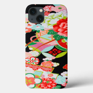Funda Para iPhone 13 Floral de kimono negro rosa rojo vintage