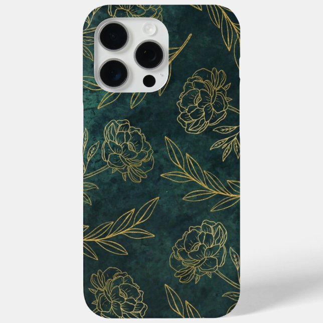 Funda De Case-Mate Para iPhone Floral de oro con textura verde (Reverso )