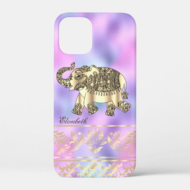 Funda De Case-Mate Para iPhone Floral de oro elegante, elefante, holográfico (Reverso )