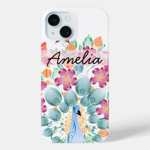 Funda Para iPhone 15 Floral de pavo real personalizada