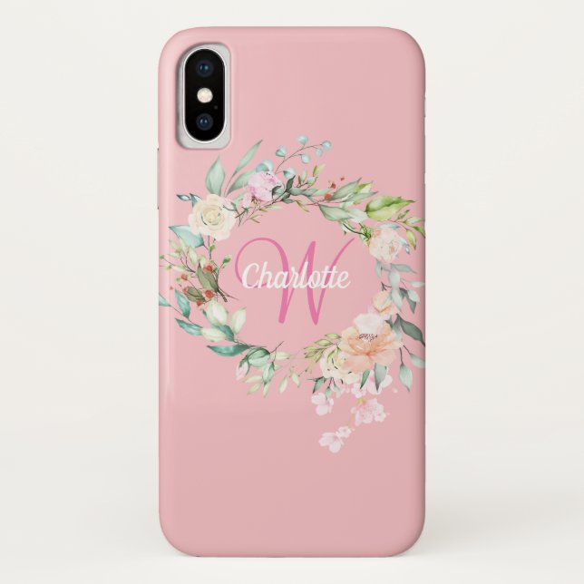 Funda De Case-Mate Para iPhone Floral de Rosas iniciales monograma rosado (Reverso)
