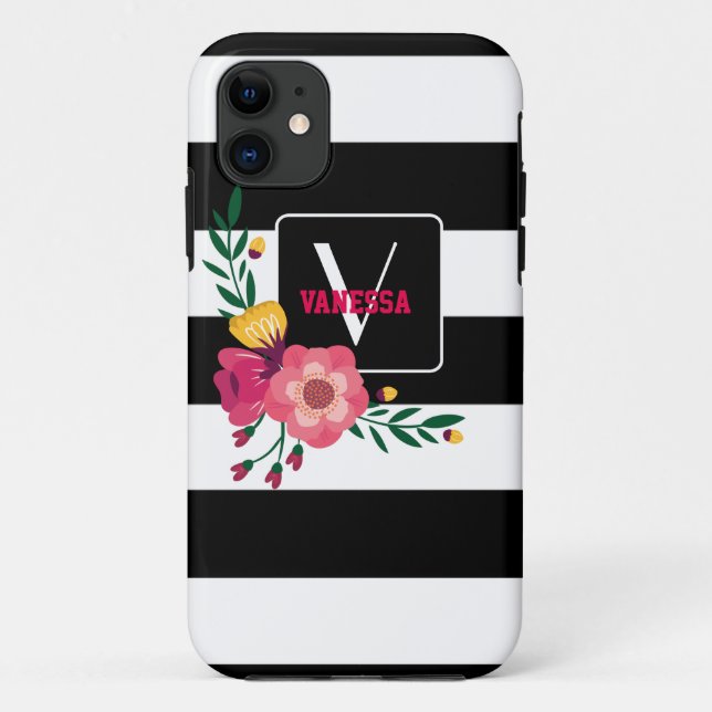 Funda De Case-Mate Para iPhone Floral - franjas en blanco y negro (Reverso)