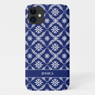 Funda Para iPhone 11 Floral geométrica personalizada azul oscuro y blan