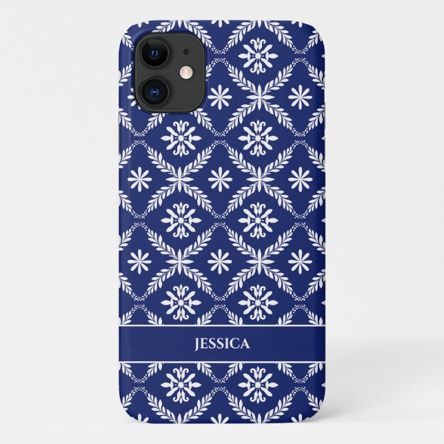 Funda De Case-Mate Para iPhone Floral geométrica personalizada azul oscuro y blan (Reverso)