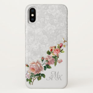 Funda Para iPhone X Floral gris romántico con los rosas y el monogram
