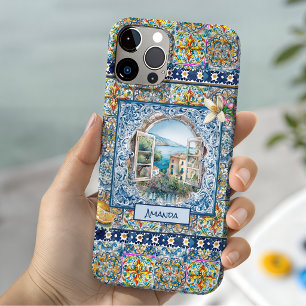 Funda Para iPhone 15 floral italiano de verano baldosas azules cítrico