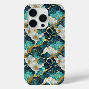 Funda Para iPhone 15 Pro Floral Japonés Verde Azul Dorado 