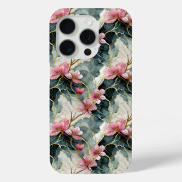 Funda Para iPhone 15 Pro Floral japonesa, rosa con oro