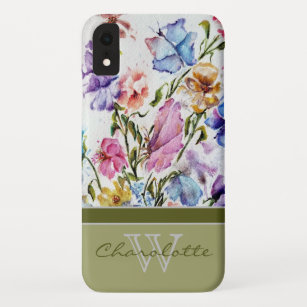 Funda Para iPhone XR Floral moderna y mariposa con nombre de monograma 