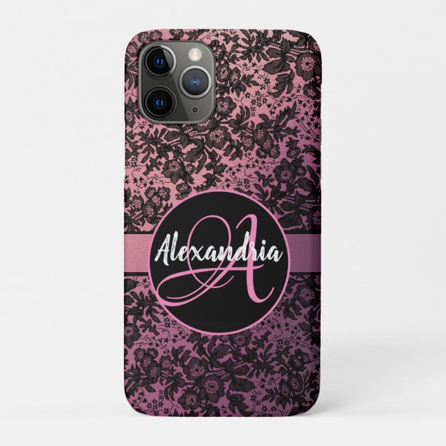 Funda De Case-Mate Para iPhone Floral negra amorosa sobre monograma rosado (Reverso)