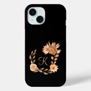 Funda Para iPhone 15 Floral negro, marrón y melocotón monogramado