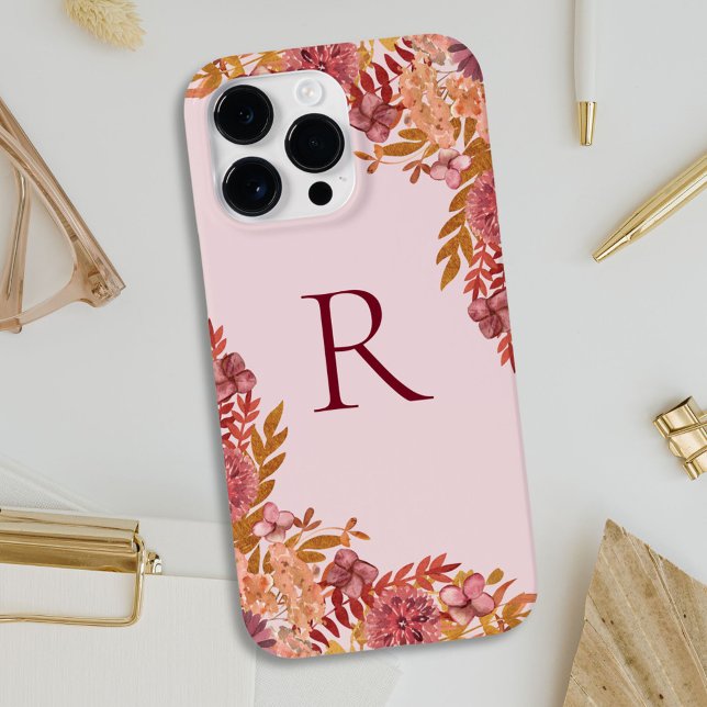 Funda De Case-Mate Para iPhone Floral Otoñal Burgundy Dorado Monogramado (In situ)