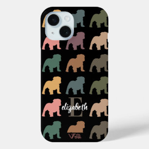 Funda Para iPhone 15 Floral Personalizada de Bulldog Inicial del Nombre