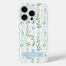 Funda Para iPhone 15 Pro Floral Personalizado con Rayas Azules
