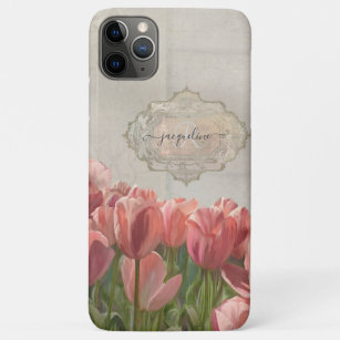 Funda Para iPhone 11 Pro Max Floral Pintado Coral Tulipanes Rosa Madera Vintage