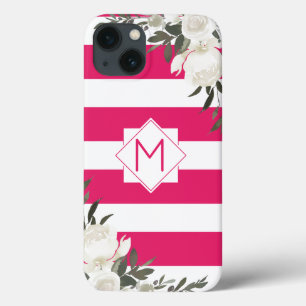 Funda Para iPhone 13 Floral rayada rosada caliente monograma con rosas