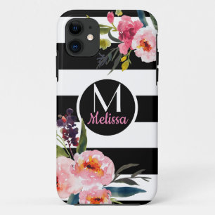 Funda Para iPhone 11 Floral - Rayas Negras y Blancas Monograma