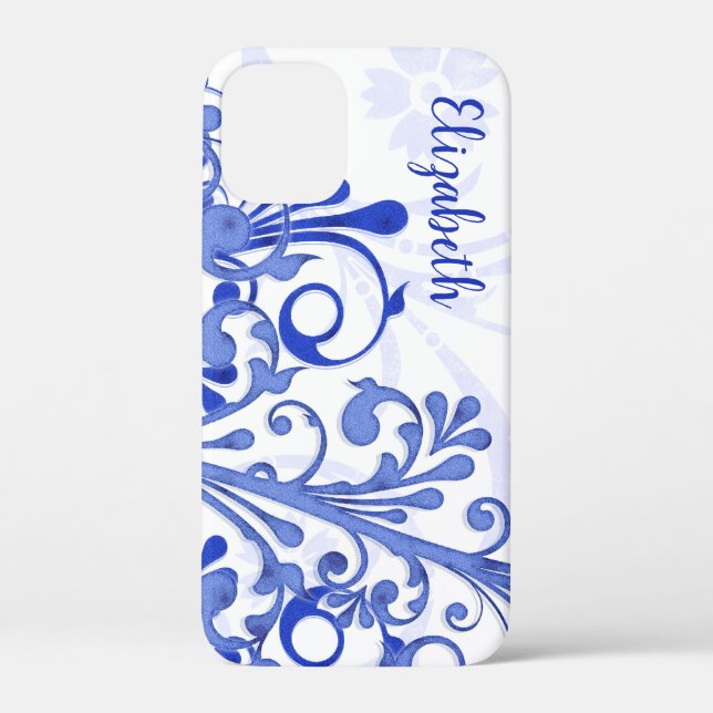 Funda De Case-Mate Para iPhone Floral resumen azul y blanco (Reverso )