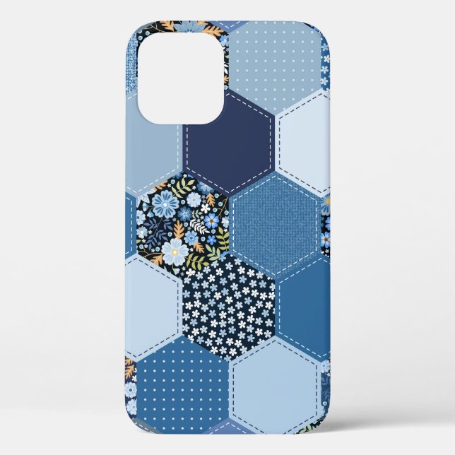 Funda De Case-Mate Para iPhone Floral, retazos denim: patrón azul. (Reverso )