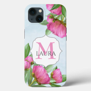 Funda Para iPhone 13 Floral rosa de color de agua monograma moderno