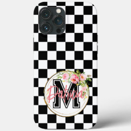 Funda Para iPhone 13 Pro Max Floral rosa monogramada y cuadros en blanco y negr