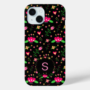 Funda Para iPhone 15 Floral rosada en bonito en monograma negro