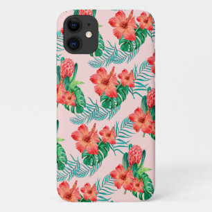 Funda Para iPhone 11 Floral tropical roja en rosa bebé