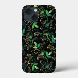 Funda Para iPhone 13 Mini Floral Verde, Azul y Amarillo sobre Fondo Negro