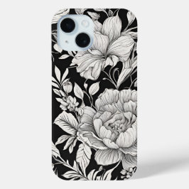 Funda Para iPhone 15 Floral vintage negro y blanco clásico
