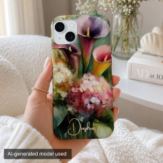Funda Para iPhone 15 Floral Vintage Rosa y Morado Personalizado
