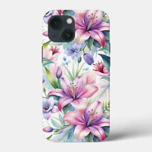 Funda Para iPhone 13 Mini Floral Watercolor Lilies Pink purple
