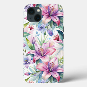Funda Para iPhone 13 Floral Watercolor Lilies Pink purple