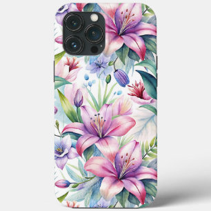 Funda Para iPhone 13 Pro Max Floral Watercolor Lilies Pink purple