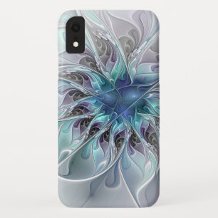 Funda Para iPhone XR Florecer Abstracto Moderno Floral Fractal Con Azul