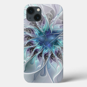 Funda Para iPhone 13 Florecer Abstracto Moderno Floral Fractal Con Azul