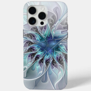 Funda Para iPhone 15 Pro Max Florecer Abstracto Moderno Floral Fractal Con Azul