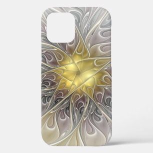 Funda Para iPhone 12 Florecer con flor fractal abstracta moderna dorada