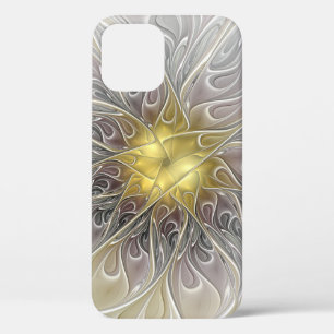 Funda Para iPhone 12 Pro Florecer con flor fractal abstracta moderna dorada