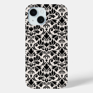 Funda Para iPhone 15 Florecer Damasco Gran Patrón Negro sobre Crema