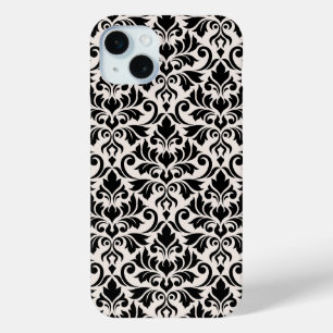 Funda Para iPhone 15 Mini Florecer Damasco Patrón Grande Negro sobre Crema