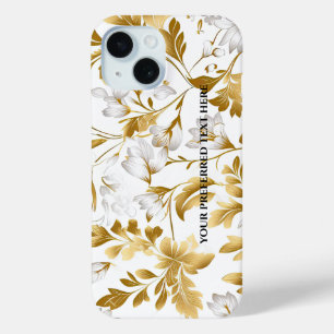 Funda Para iPhone 15 Floreciente rama floral de oro en fondo blanco