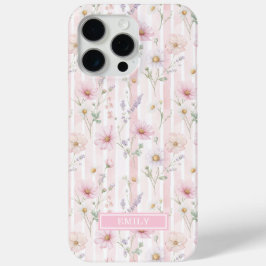 Funda Para iPhone 15 Pro Max Florecilla Silvestre Rosa Monogramada con Rayas