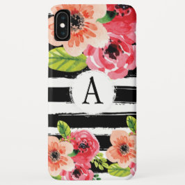 Funda Para iPhone XS Max Flores acuarelas de franjas blancas negras monogra