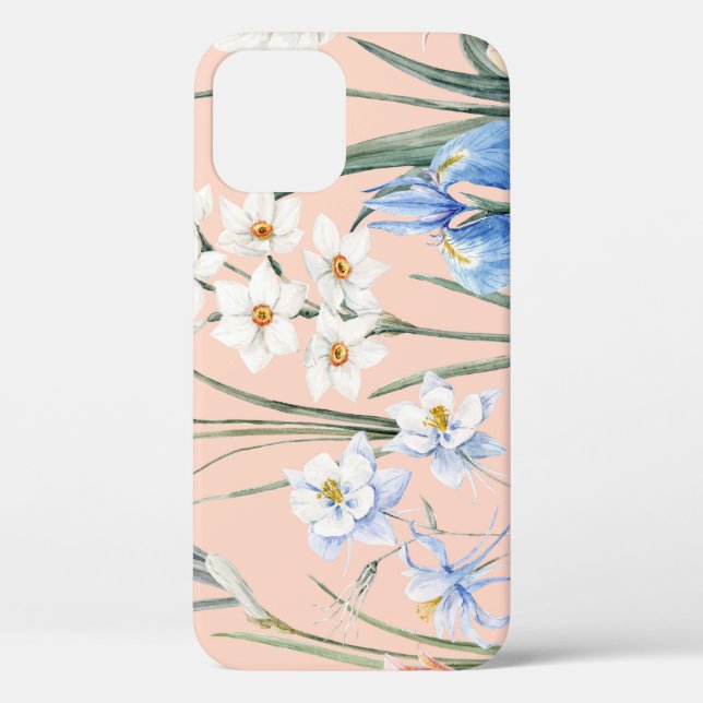 Funda De Case-Mate Para iPhone Flores acuáticas de primavera, tapicería retro. (Reverso )