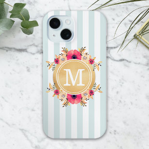 Funda Para iPhone 15 Flores acuáticas de tiras de tinta Monograma de or