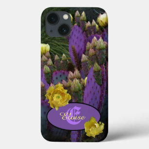 Funda Para iPhone 13 Flores amarillas de cactus púrpura monograma perso